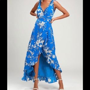 Lulus Sun Salutation Royal Blue Floral Print Ruffled Wrap Maxi Dress Size XS